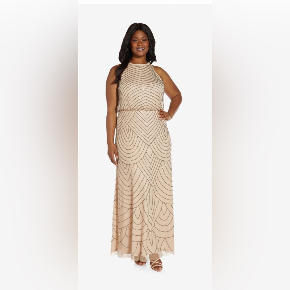 Adrianna Papell Beaded Halter Gown-Nude